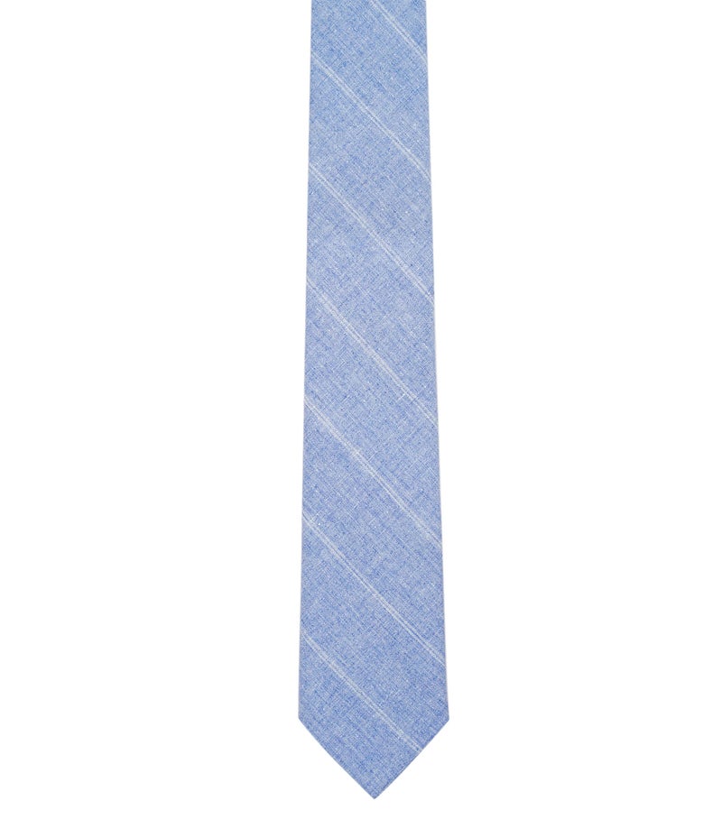 BELLUNO 2.5 inch Skinny Tie for Men, Cotton Linen Slim Neckties Light Blue Striped - Image 3